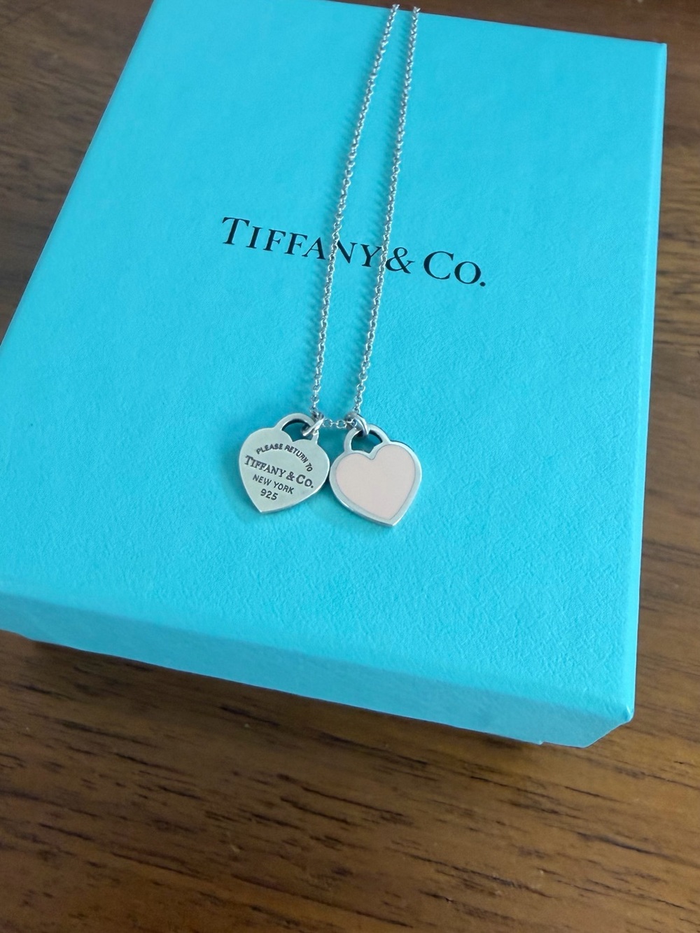 Tiffany & Co. Silver Double Heart Necklace with Light Pink Enamel